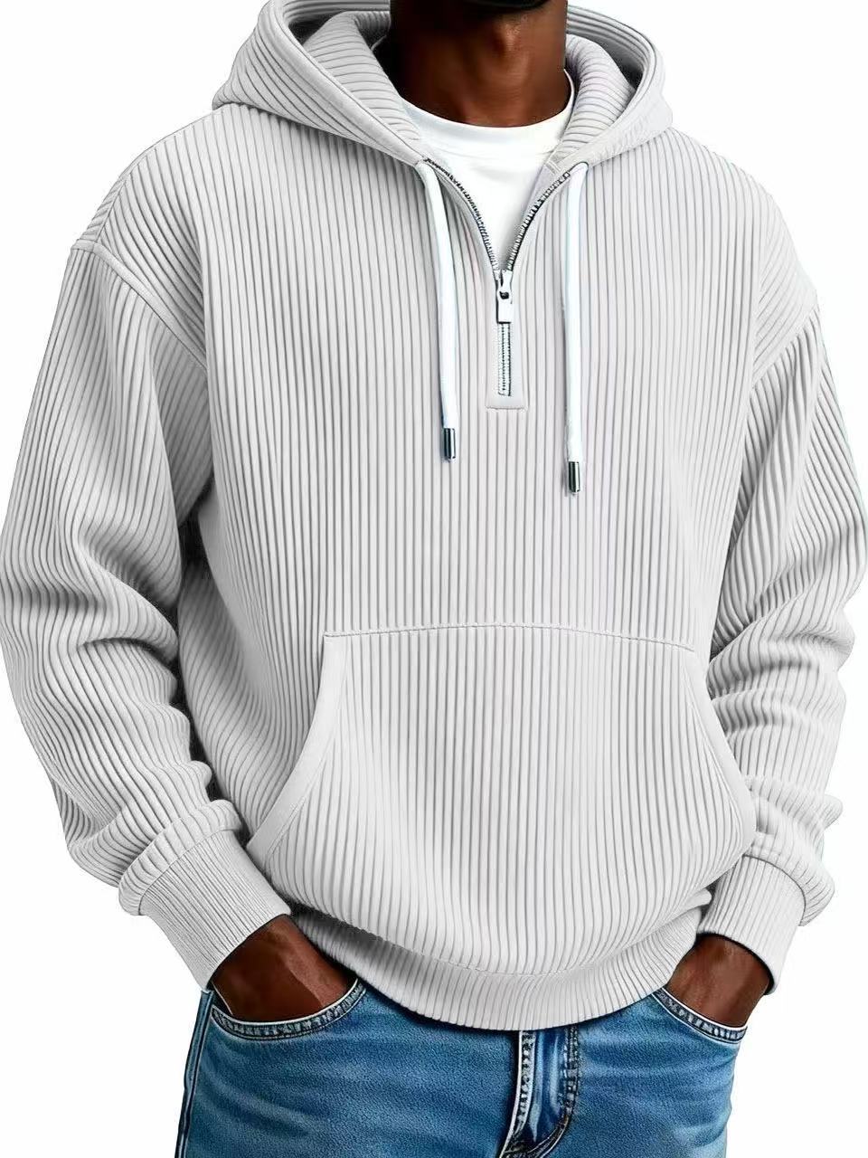 Men's Solid Corduroy Long Sleeve Hoodie - Image 2