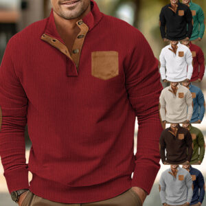 Men’s Slim Fit Corduroy Hoodie – Multicolor Stand Collar Long-Sleeve Jacket with Patch Pocket