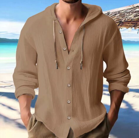 Men's Cotton Linen Hooded Cardigan Shirt - Image 11