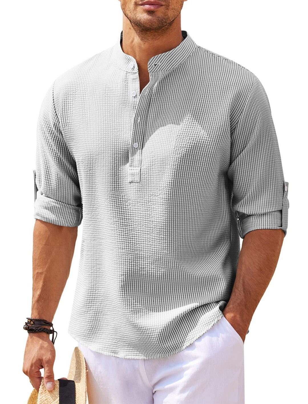 Men's Stand Collar Loose Fit Pullover Shirt - Image 11