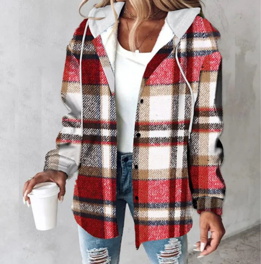 Women’s Plaid Hooded Jacket – Elegant Autumn & Winter Button-Down Coat – Casual Long-Sleeve Temperament Commuter Outerwear - Image 5