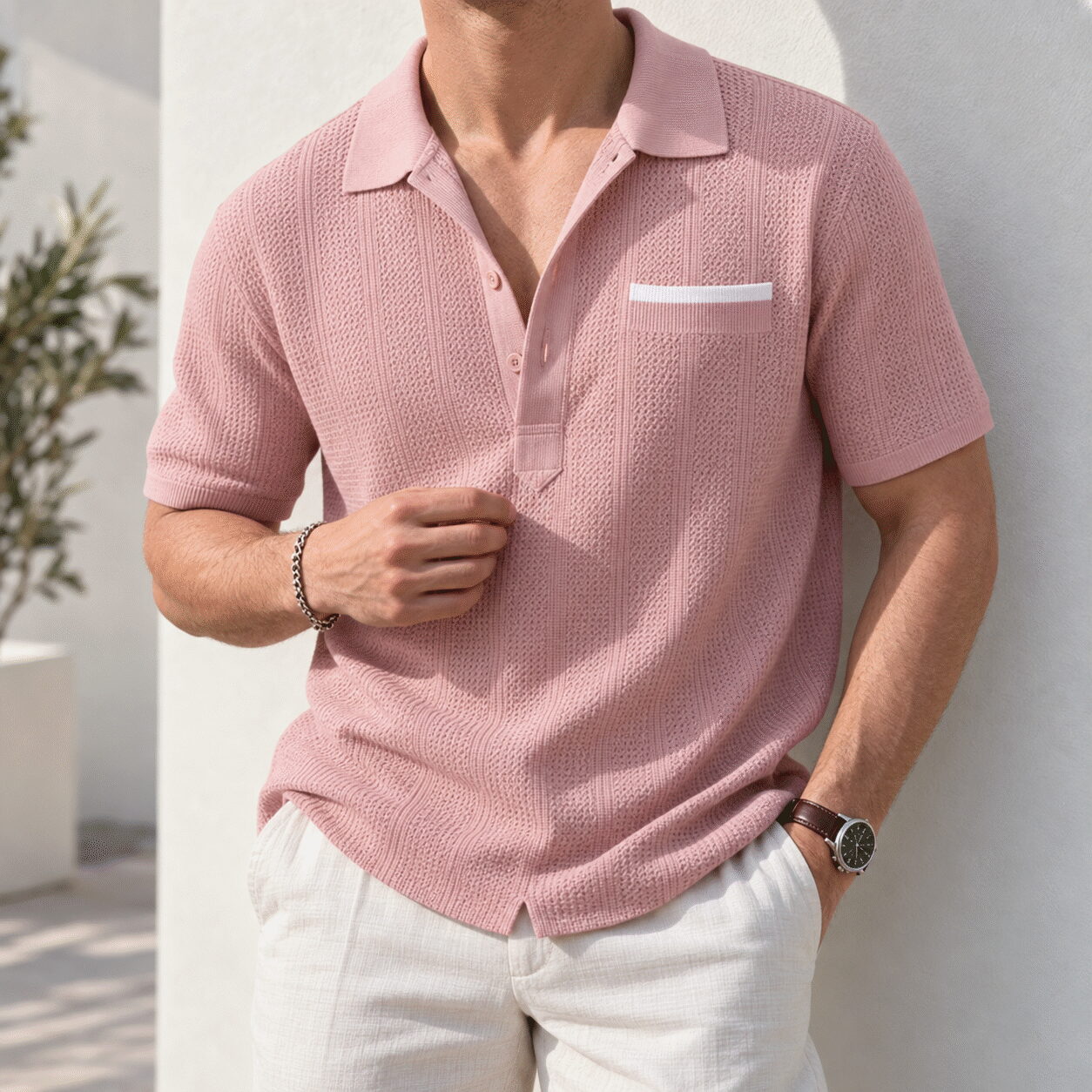 Men's Hollow Breathable Striped Short Sleeve Shirt