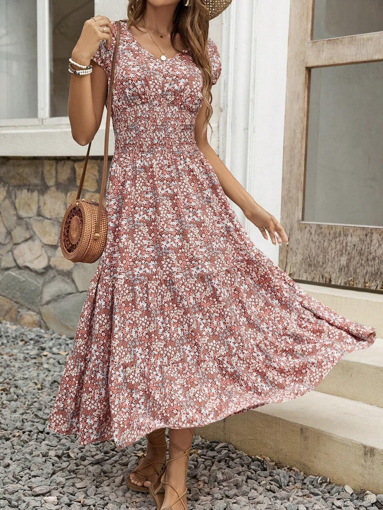 Blossom Chic V-Neck Floral Dress For Women - Soft, Breathable Polyester, Machine Washable, Easy Care, Perfect For Spring, Summer, And Fall Occasions, Everyday Wear, And Outdoor Activities - Image 3