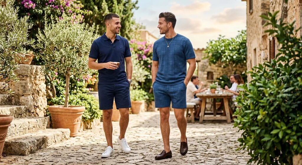 Best men's casual summer sets 2026 USA — polo shorts set and plaid jacquard matching set 