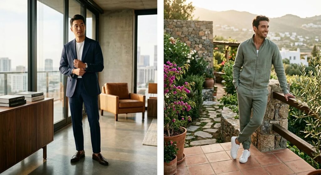 Best men's elevated two-piece sets 2026 USA — Korean slim blazer set and summer tracksuit. 