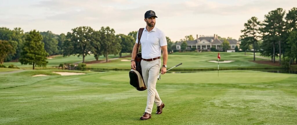 Complete men's golf outfit USA — polo shirt chinos and golf hat at private club