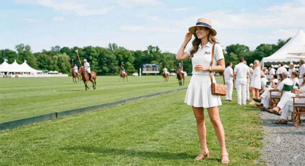 Women's polo match outfit USA — linen midi dress and straw hat at polo event