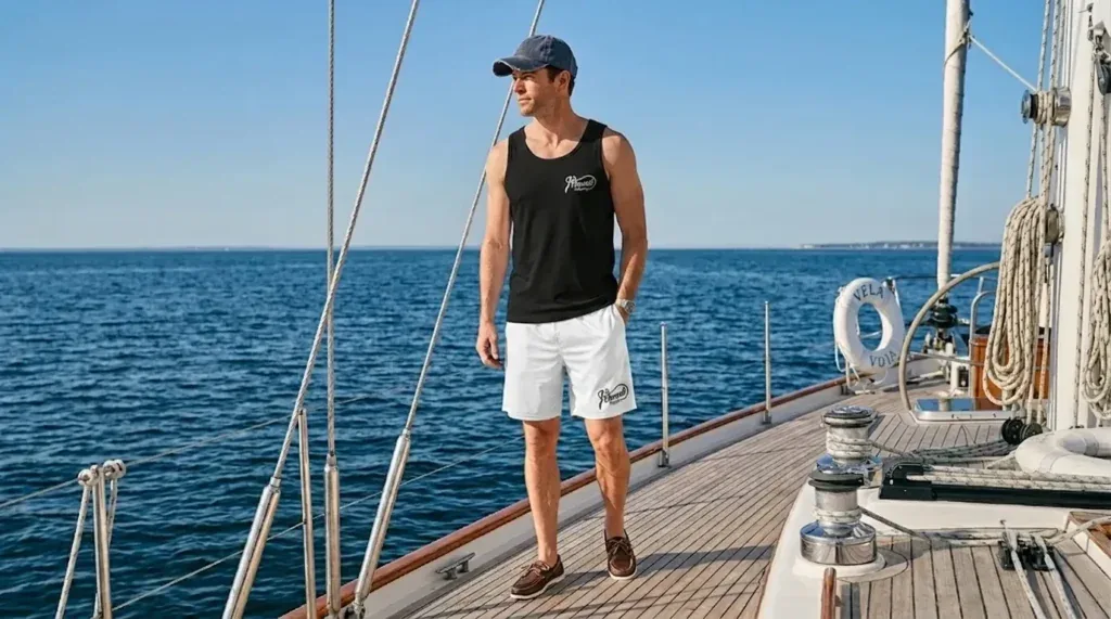 Men's yacht outfit USA — deck shorts and performance polo on boat 2026