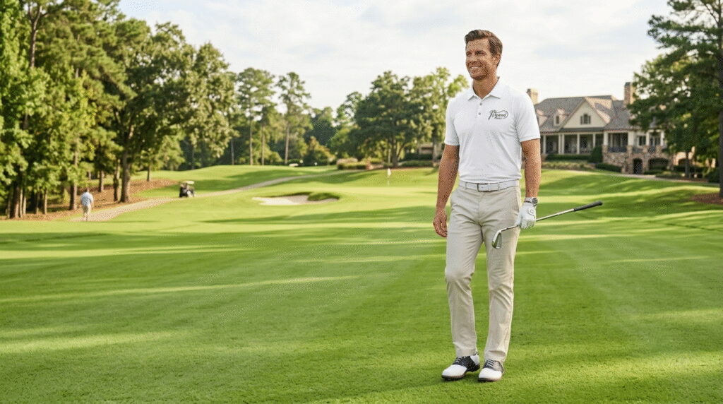 Golf dress code men USA — performance polo shirt and tailored chinos at private club