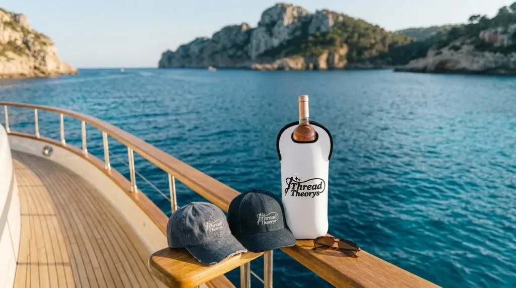 Yacht accessories men women USA — straw hat embroidered cap and wine tote on boat 
