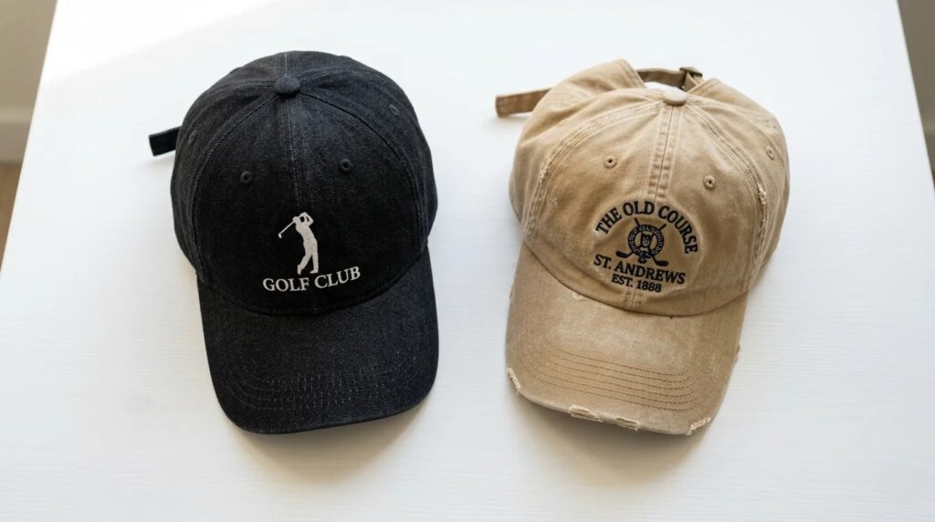 Golf hat style men USA — embroidered denim cap and vintage distressed cap 2026