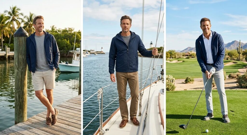 Men's outerwear by climate zone USA 2026 — windbreaker styling across USA regions