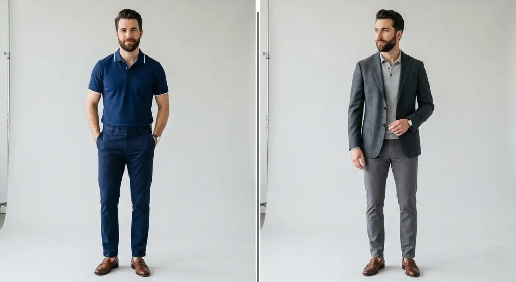 Men's two-piece set split wear 2026 USA — polo set and blazer set worn as separate pieces 