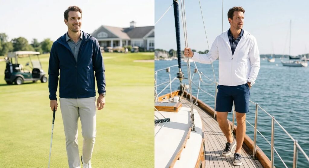 Men's windbreaker outfit formulas 2026 USA — sport casual street and yacht styling