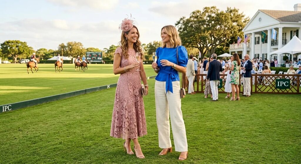 Polo club outfit women USA — elegant midi dress and structured hat at polo club event