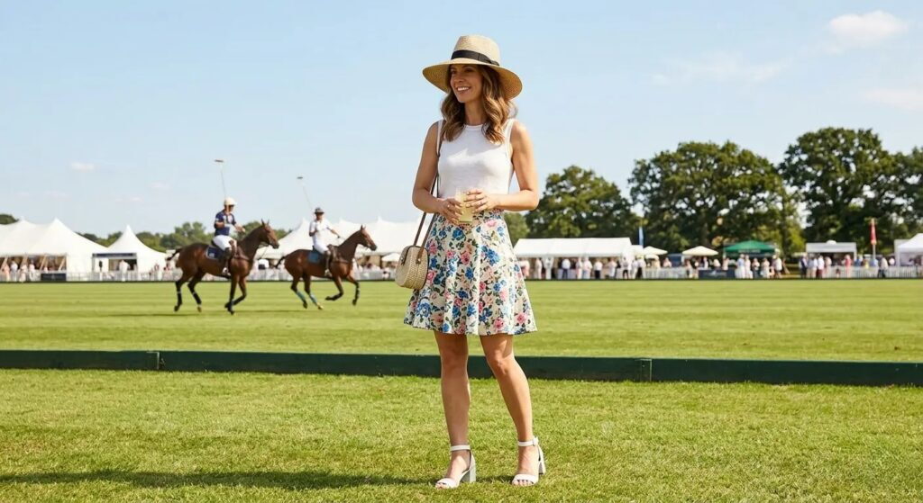 Polo match hat women USA — structured straw hat and skater skirt polo outfit