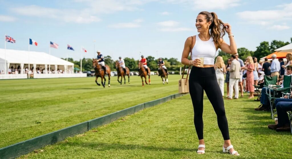 Women's crop top and high-waist leggings polo outfit USA — casual polo match style 2026
