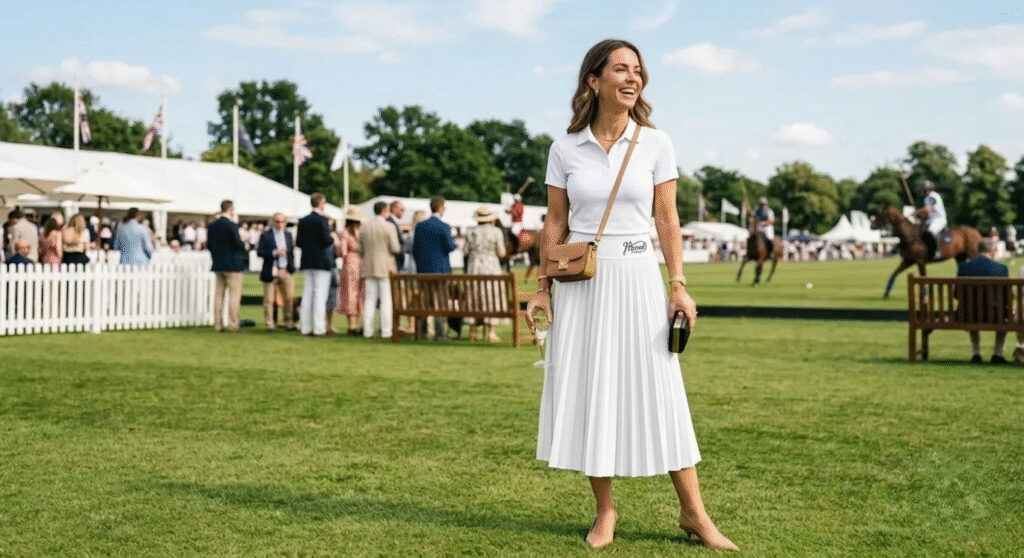 Women's polo outfit USA — cotton tank top and wide-leg linen trousers at polo match