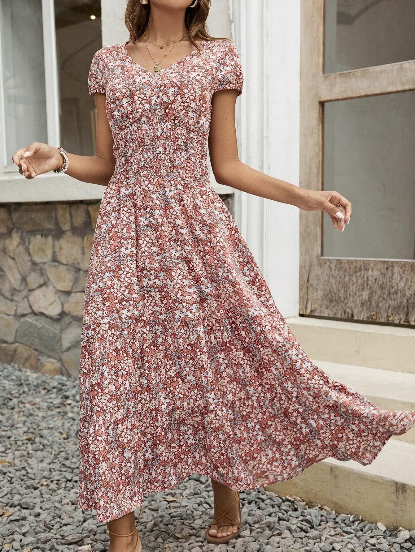 Blossom Chic V-Neck Floral Dress For Women - Soft, Breathable Polyester, Machine Washable, Easy Care, Perfect For Spring, Summer, And Fall Occasions, Everyday Wear, And Outdoor Activities - Image 2