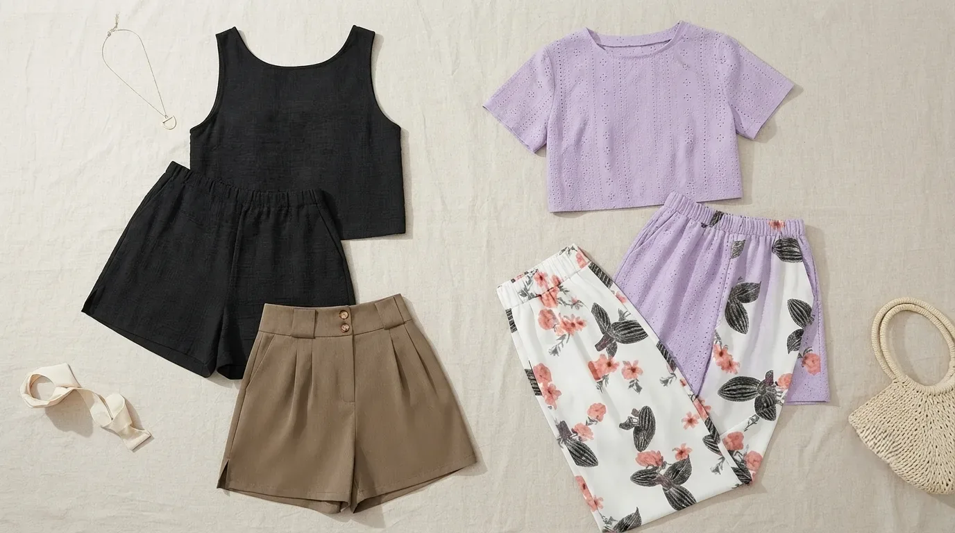 Best women's casual shorts and matching sets 2026 flat lay