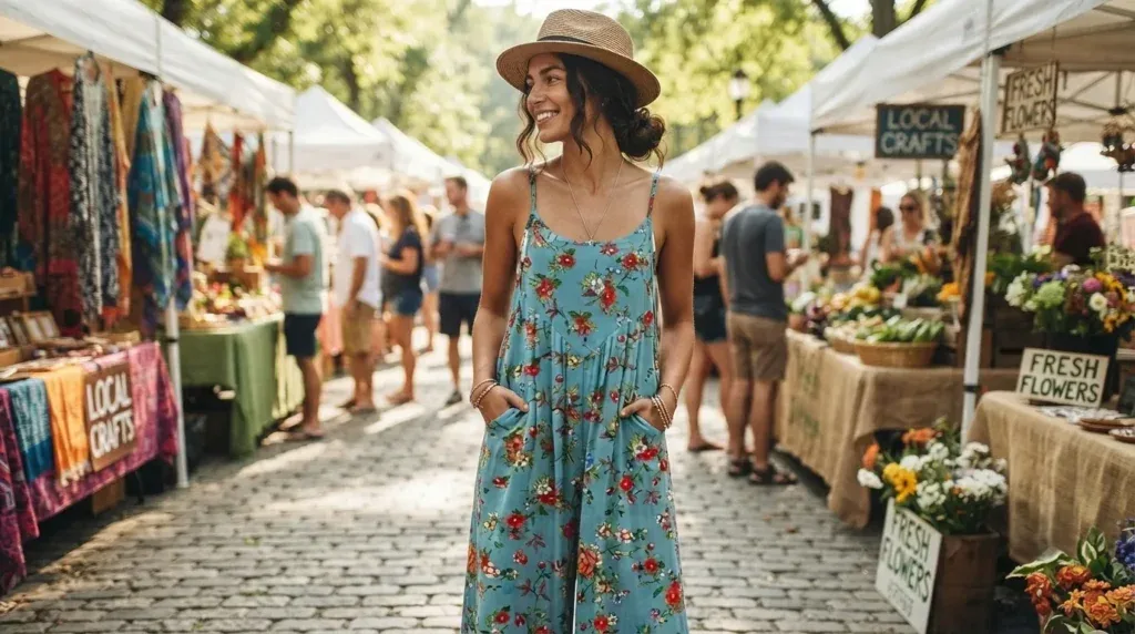 Woman wearing a bohemian floral print overalls jumpsuit outdoors
