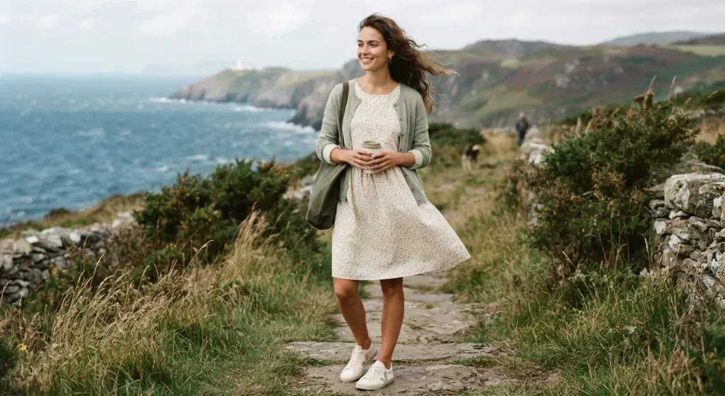 Woman wearing a casual summer dress layered with a light cardigan