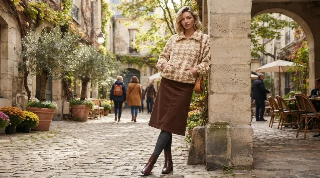 Woman wearing a chic long-sleeve knit pullover sweater