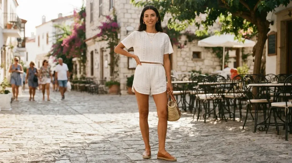Woman wearing a crop top and shorts summer matching set