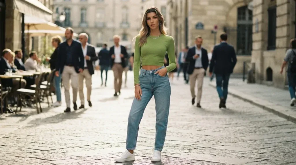 Woman wearing a cropped slim knit long-sleeve top