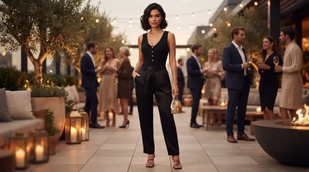 Woman wearing a fitted ribbed knit sleeveless romper