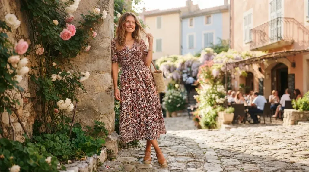 Woman wearing a floral V-neck casual summer dress outdoors