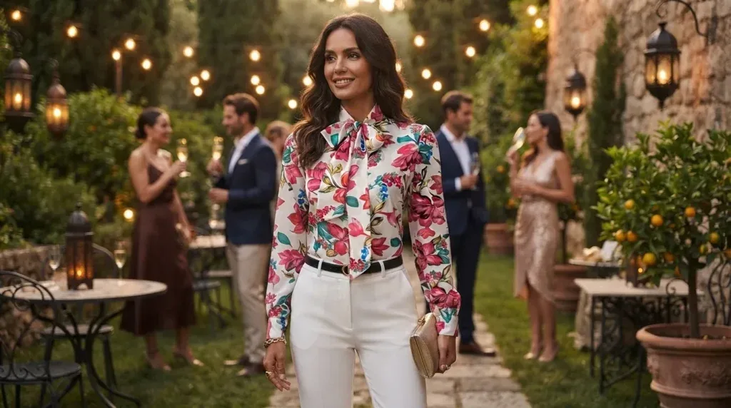Woman wearing a floral print laced going-out blouse