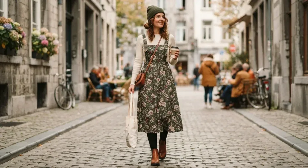 Woman wearing a flowy suspender dress layered over leggings