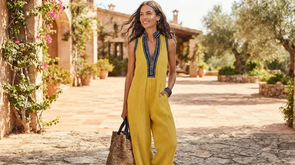 Woman wearing a full-length linen-blend sleeveless jumpsuit