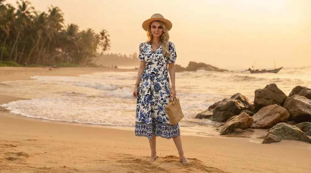 Woman wearing a half-sleeve floral beach dress on vacation