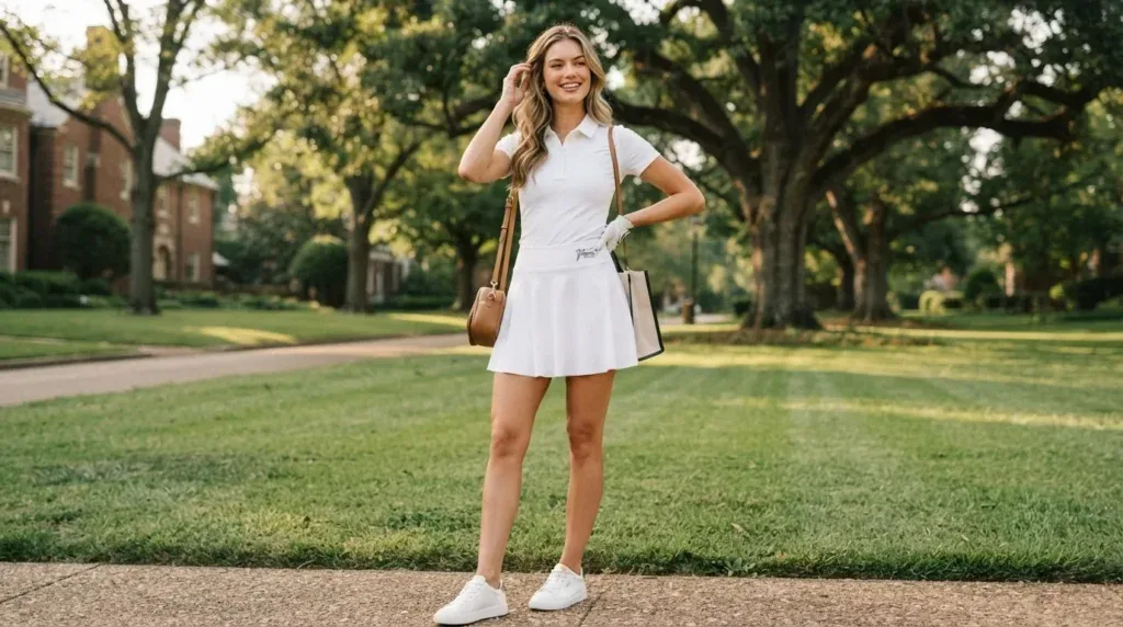 Woman wearing a minimalist logo skater skirt with sneakers