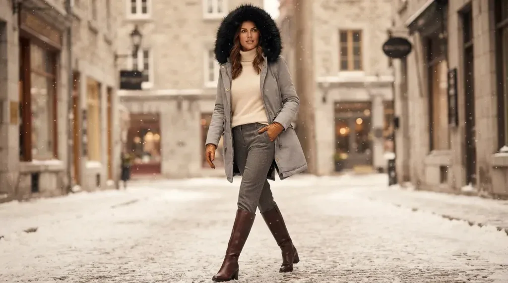 Woman wearing a plush hooded winter parka outdoors in snow