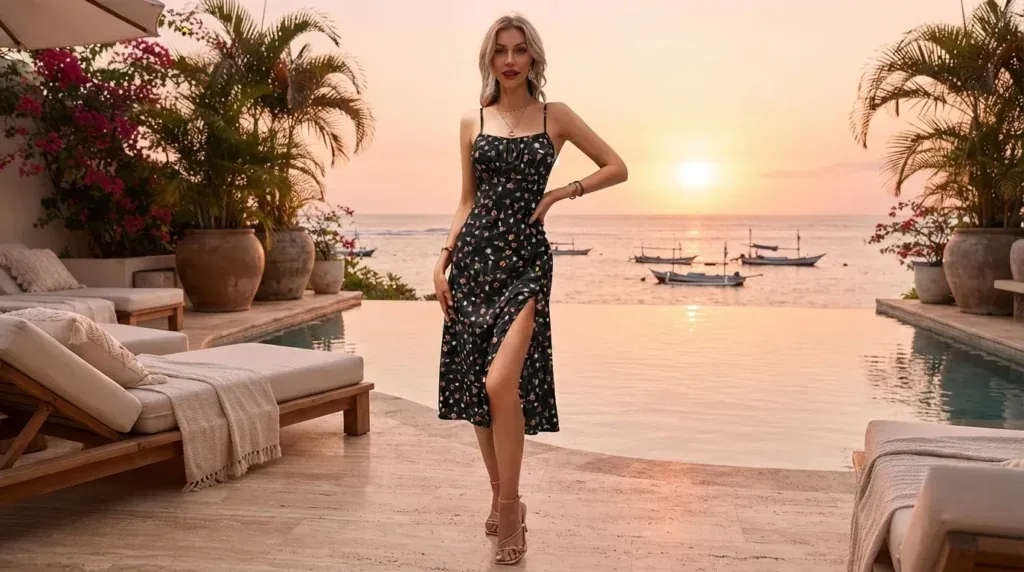 Woman wearing a polka dot suspender maxi dress at sunset