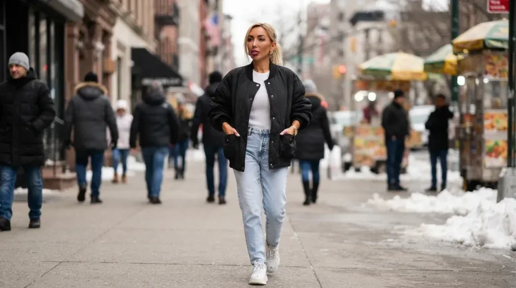 Woman wearing an oversized hooded plus-size winter coat