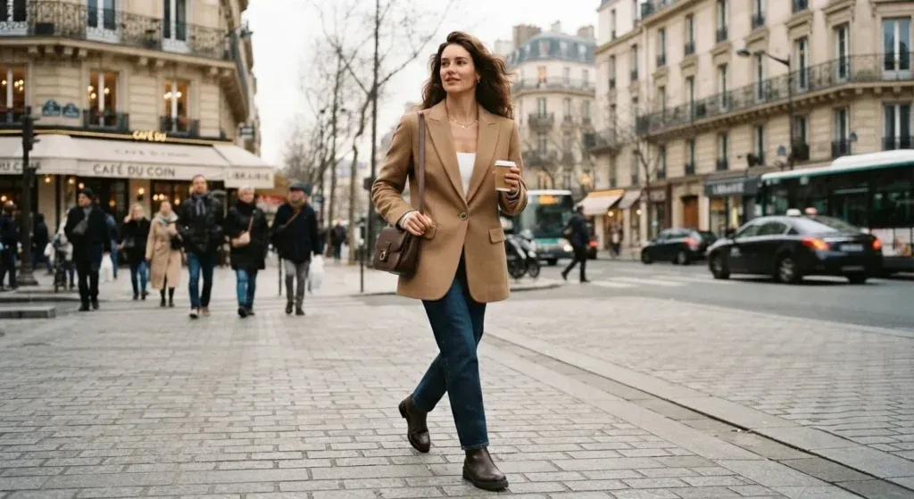 Woman wearing a quilted button-down winter jacket outdoors