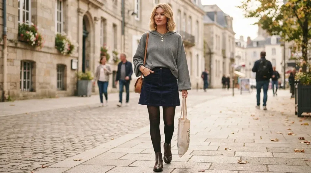 Woman wearing a relaxed loose-fit top half-tucked into a skater skirt