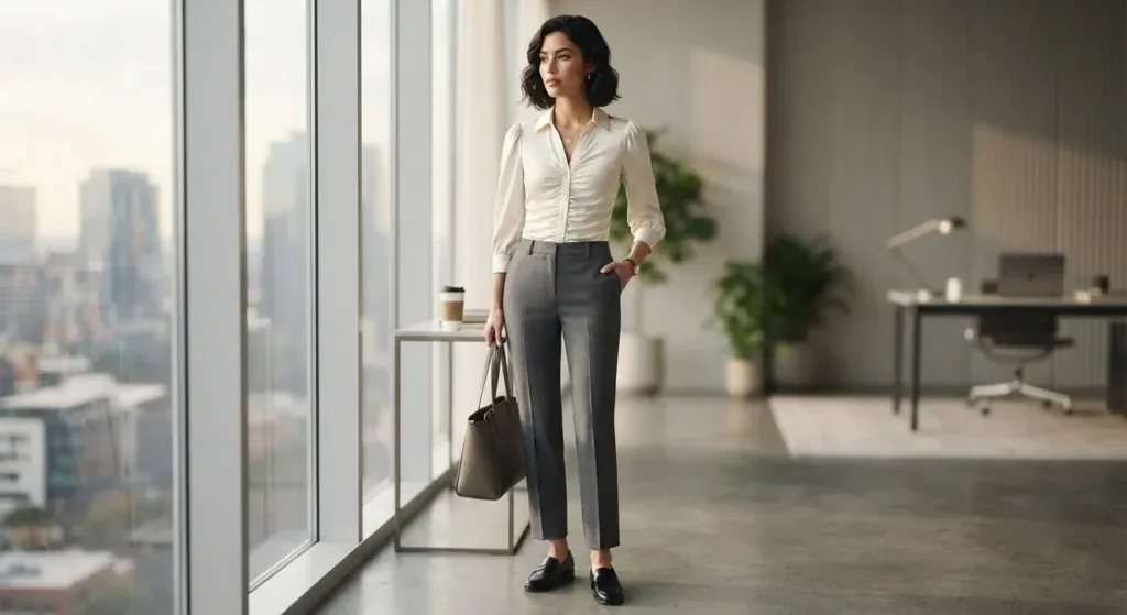 Woman wearing a ruched button-front blouse with tailored trousers