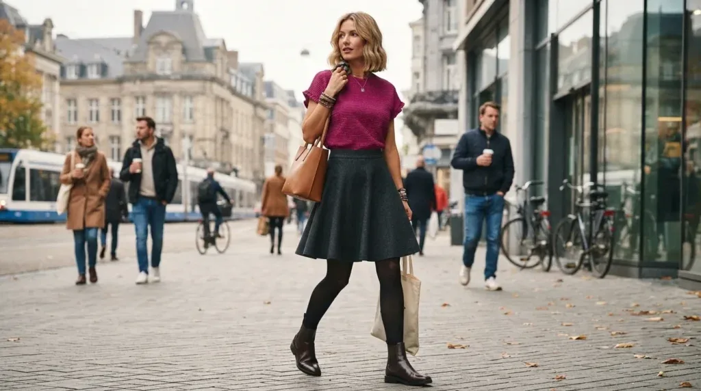 Woman wearing a ruffle sleeve knit top with a skater skirt