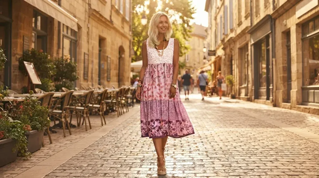 Woman wearing a sleeveless A-line sun-print summer dress