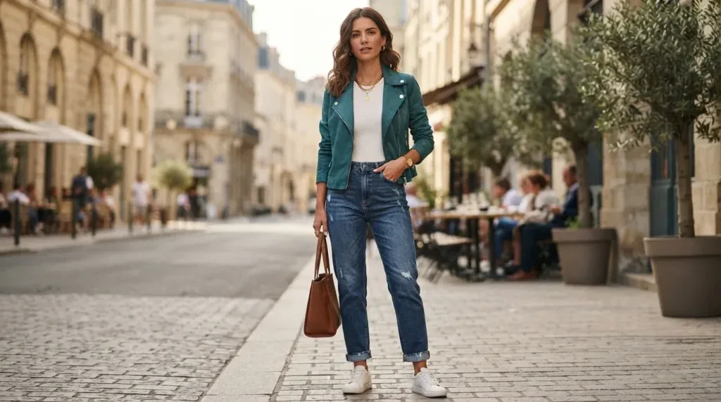 Woman wearing a slim-fit zip-up lapel jacket with jeans