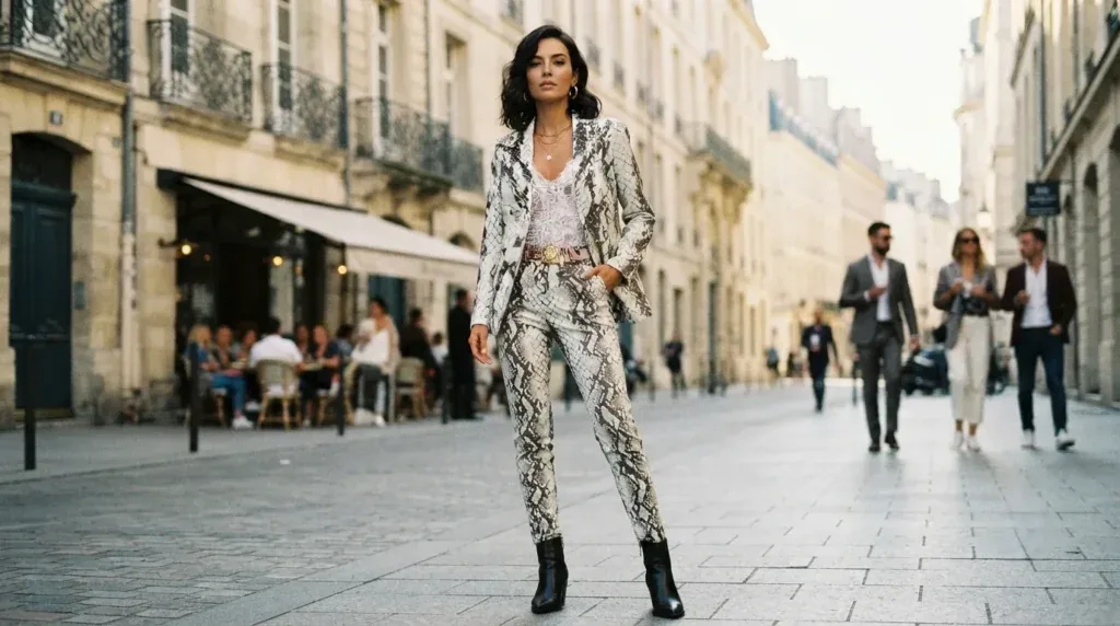 Woman wearing a snake-print two-piece suit set