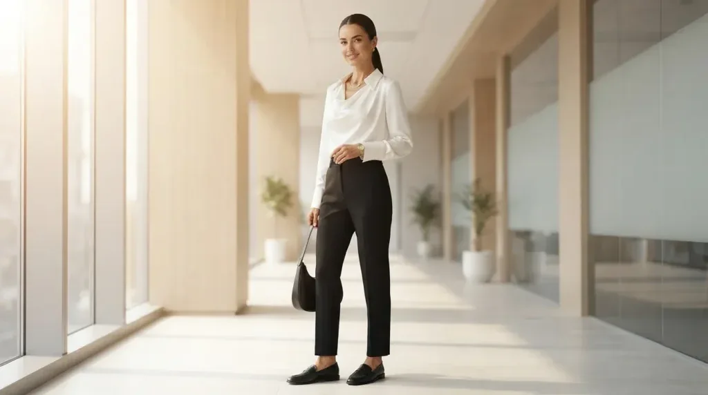 Woman wearing a solid-color collared commuter blouse in an office setting