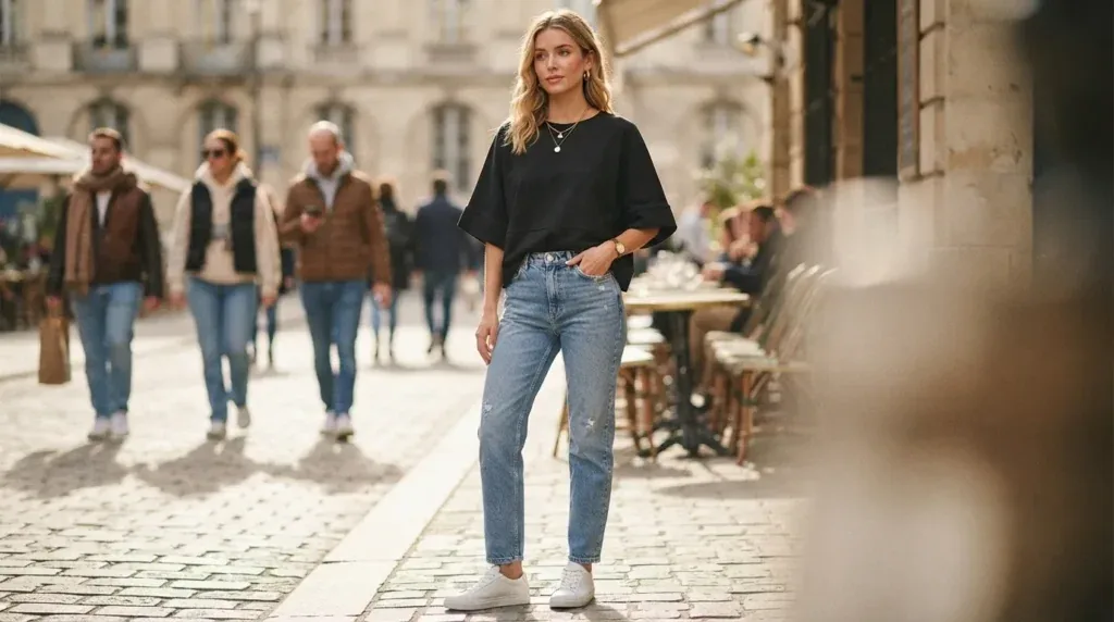 Woman wearing a solid-color crew-neck basic t-shirt