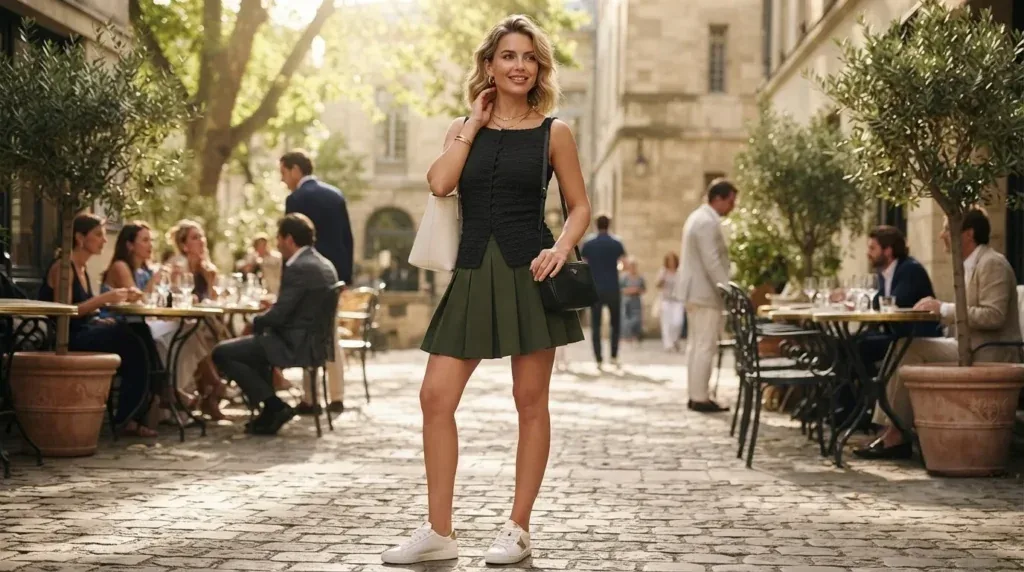 Woman wearing a square neck button-up vest with a skater skirt