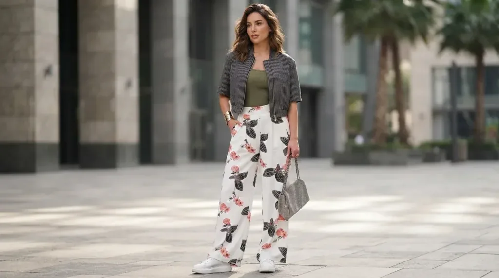 Woman wearing a striped athleisure two-piece set outdoors